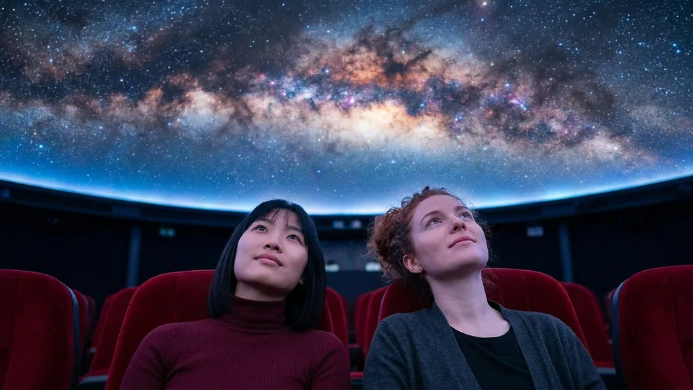 Planetarium Hamburg – Zwei Personen blicken in den Kuppelhimmel mit Sternenprojektion