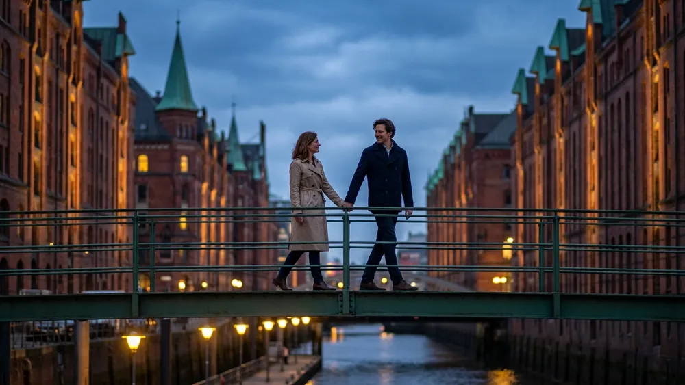 Speicherstadt in Hamburg – Zwei Personen spazieren bei Dämmerung über eine Brücke zwischen den beleuchteten Backsteinspeichern
