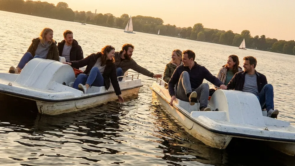 Tretboot auf der Alster in Hamburg – Gruppe paddelt lachend auf mehreren weißen Tretbooten über die Außenalster