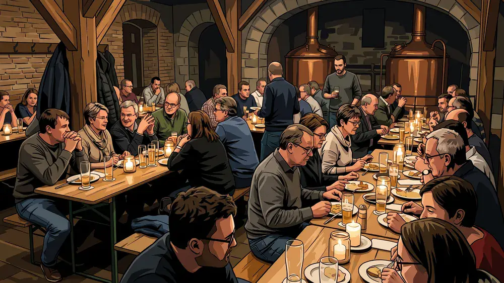 Brauhaus in Hamburg – Gruppe trinkt hauseigenes Bier an langen Tischen vor den Sudkesseln auf der Adolphsbrücke