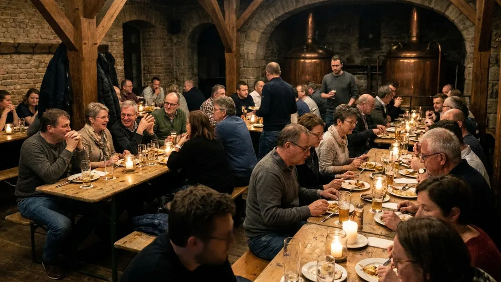 Brauhaus in Hamburg – Gruppe trinkt hauseigenes Bier an langen Tischen vor den Sudkesseln auf der Adolphsbrücke