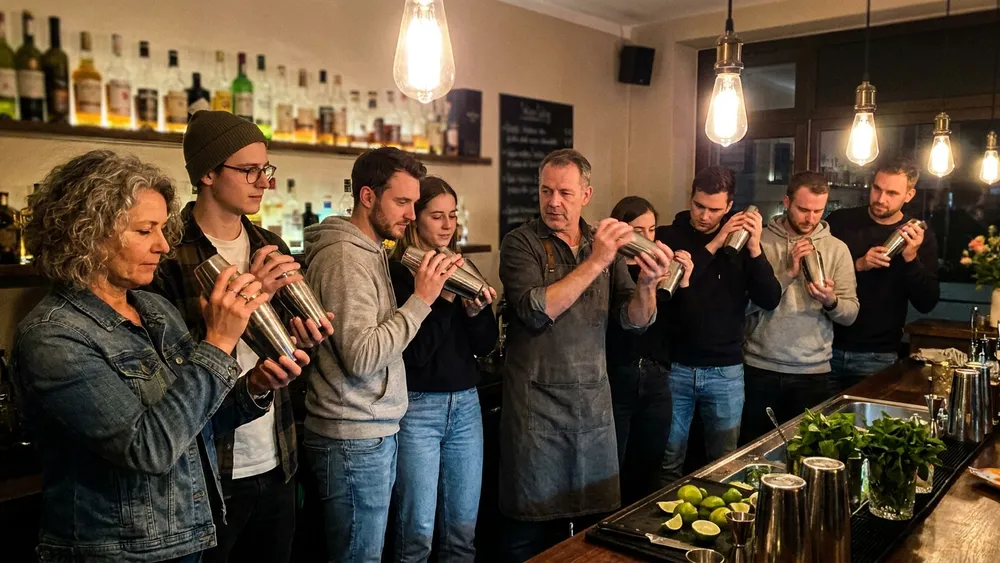 Cocktailkurs in Hamburg – Gruppe mixt Cocktails an einer beleuchteten Bar bei The Rabbithole auf St. Pauli