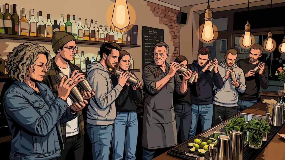 Cocktailkurs in Hamburg – Gruppe mixt Cocktails an einer beleuchteten Bar bei The Rabbithole