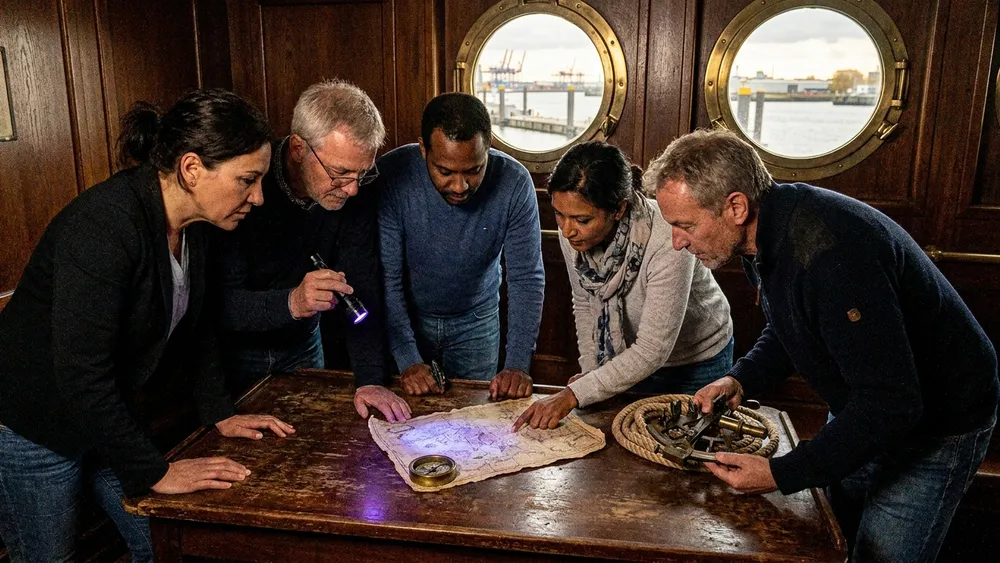 Escape Room in Hamburg – Gruppe rätselt an einem alten Schiffskartentisch in einer Kapitänskabine an Bord der Rickmer Rickmers