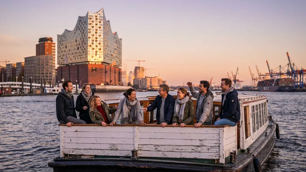 Hafenrundfahrt in Hamburg – Gruppe auf einer Barkasse mit Elbphilharmonie im Hintergrund