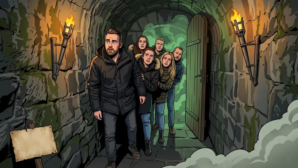 Hamburg Dungeon – Gruppe in einem dunklen mittelalterlichen Tunnel mit Fackellicht