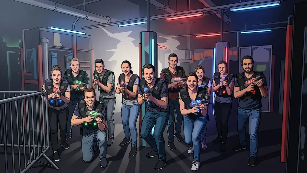 Lasertag in Hamburg – Gruppe mit Sensorwesten spielt in einer dunklen Neon-Arena