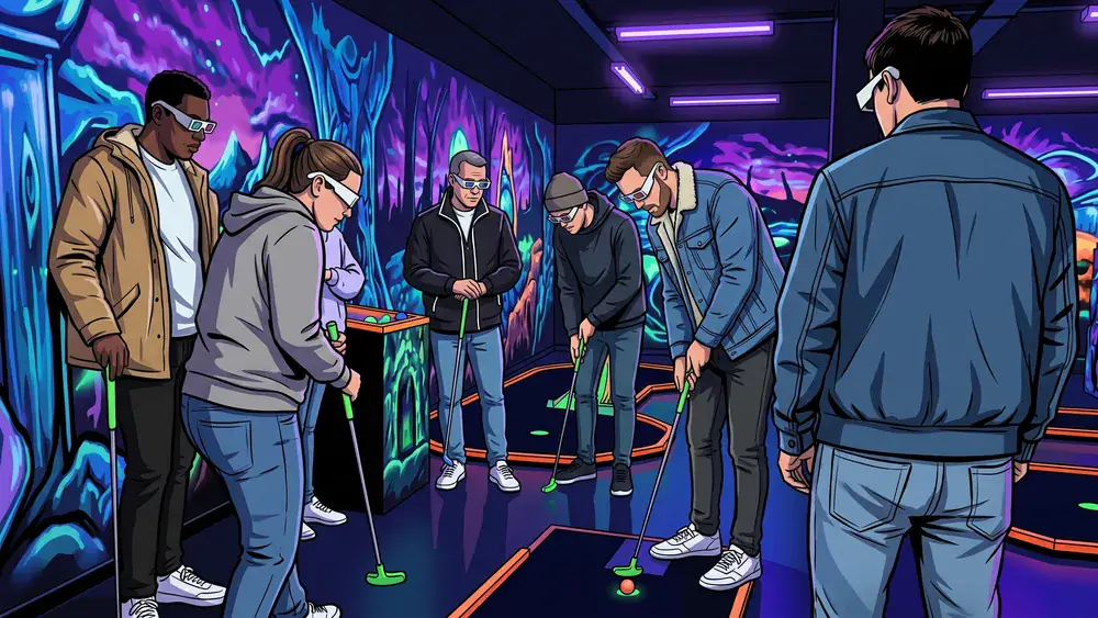 Schwarzlicht-Minigolf in Hamburg – Gruppe spielt mit 3D-Brillen unter Neonlicht