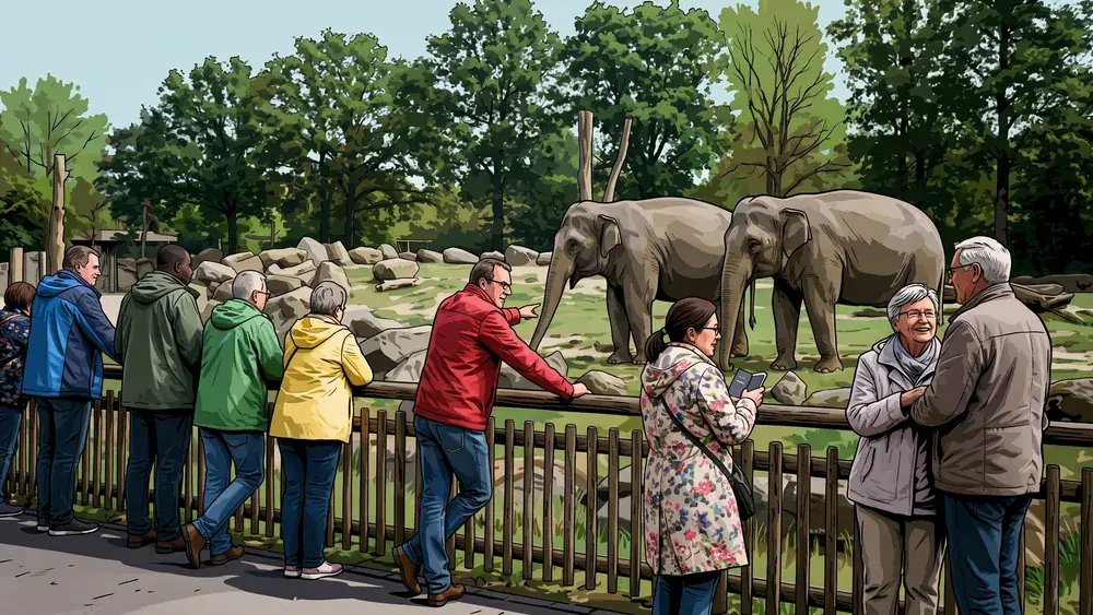 Tierpark Hagenbeck in Hamburg – Gruppe beobachtet Elefanten im gitterlosen Gehege