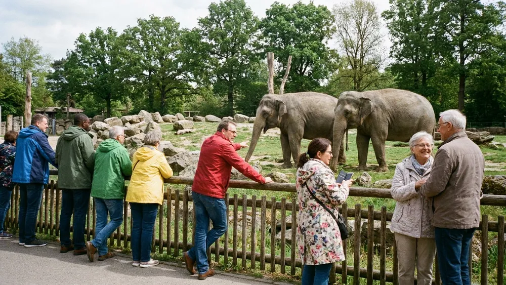 Tierpark Hagenbeck in Hamburg – Gruppe beobachtet Elefanten im gitterlosen Gehege in Stellingen