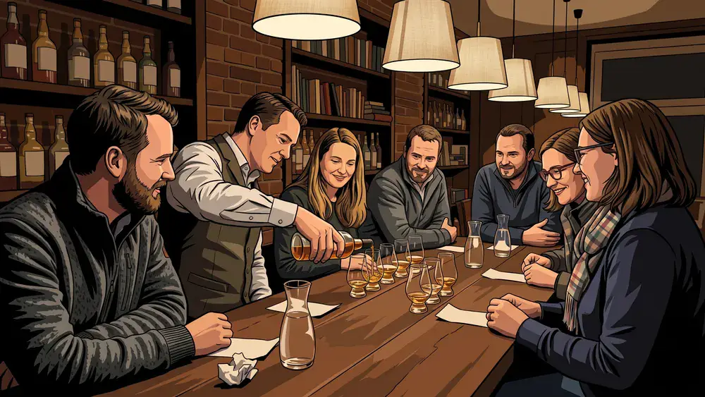 Whisky-Tasting in Hamburg – Gruppe verkostet an einem Holztisch mehrere Whiskys mit Anleitung