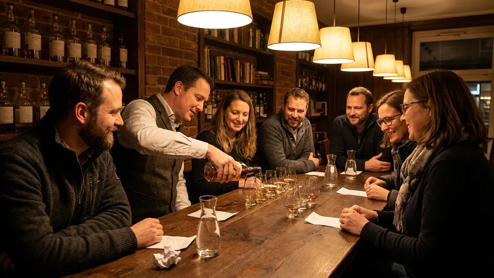 Whisky-Tasting in Hamburg – Gruppe verkostet an einem Holztisch mehrere Whiskys mit Anleitung