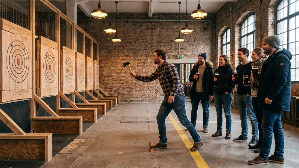 Axt-Werfen in Hamburg - Erwachsene werfen Wurfäxte auf Holzscheiben in einer Industriehalle, Bier in der Hand