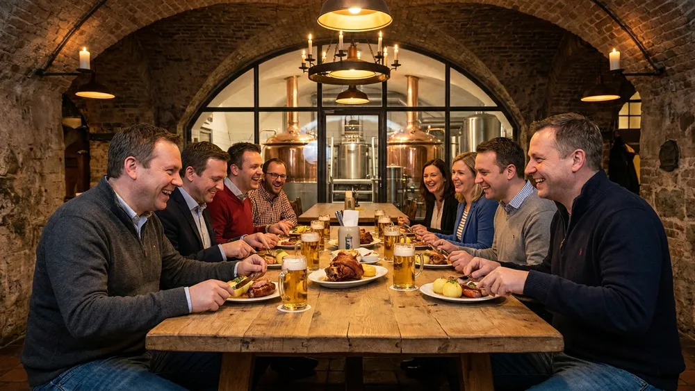 Brauerei Gröninger in Hamburg - Erwachsene sitzen im historischen Brauereikeller bei Bierprobe und Buffet