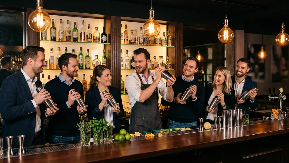 Cocktailkurs in Hamburg - Erwachsene mixen Cocktails an einer beleuchteten Bar bei The Rabbithole in Hammerbrook
