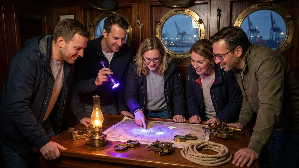 Hidden in Hamburg Escape Room - Erwachsene rätseln an einem alten Schiffskartentisch in einer Kapitänskabine