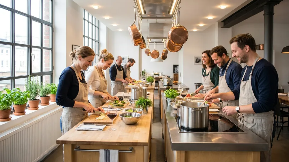 Kochkurs in Hamburg - Erwachsene kochen gemeinsam in einer hellen Kochschule in Ottensen, Wein dabei