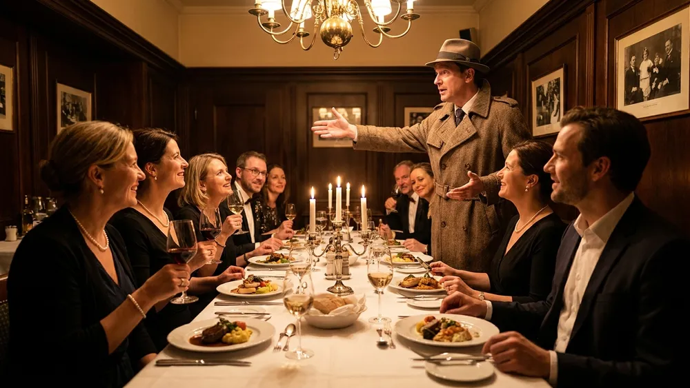 Krimidinner in Hamburg - Erwachsene am festlich gedeckten Tisch verfolgen die Aufführung eines Schauspielers