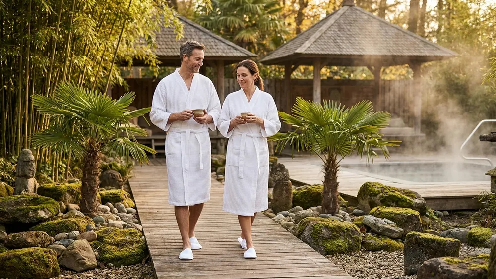 Vabali Spa Hamburg - Zwei Erwachsene im Bademantel auf einem Holzweg durch die Wellness-Oase