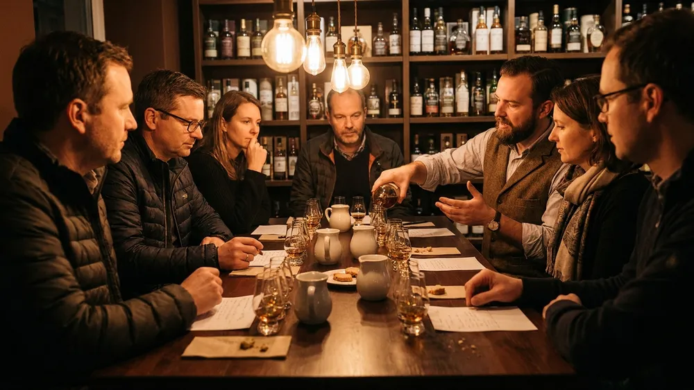 Whisky-Tasting in Hamburg - Erwachsene verkosten an einem Holztisch mehrere Whiskys mit Anleitung