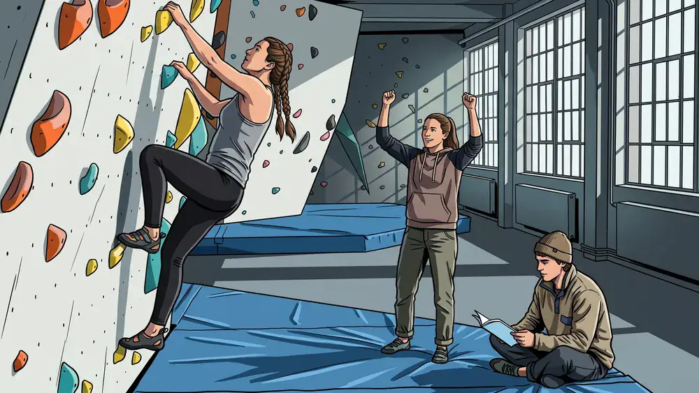 Boulderwelt Hamburg – Gruppe klettert und sichert an einer farbigen Indoor-Boulderwand