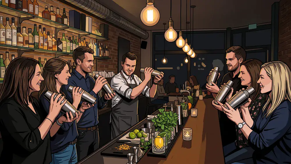 Cocktailkurs in Hamburg – Gruppe mixt Cocktails hinter einer beleuchteten Bar mit Anleitung