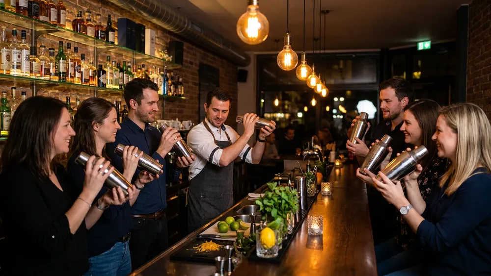 Cocktailkurs in Hamburg – Gruppe mixt Cocktails hinter einer beleuchteten Bar mit Anleitung
