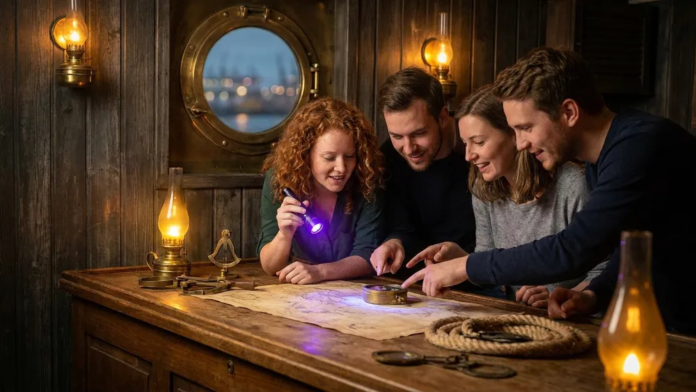 Hidden in Hamburg Escape Room – Gruppe rätselt an einem alten Schiffskartentisch in einer Kapitänskabine
