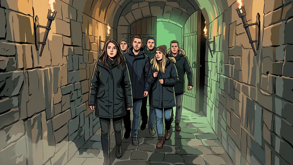 Hamburg Dungeon – Gruppe in einem dunklen mittelalterlichen Tunnel mit Fackellicht