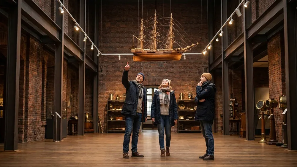 Internationales Maritimes Museum Hamburg – Gruppe betrachtet ein Segelschiff-Modell im Kaispeicher