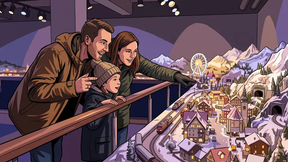 Miniatur Wunderland Hamburg – Familie betrachtet ein detailliertes Modelllandschafts-Diorama mit Mini-Zügen