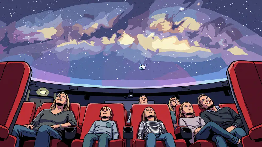 Planetarium Hamburg – Gruppe blickt in den Kuppelhimmel mit Sternenprojektion