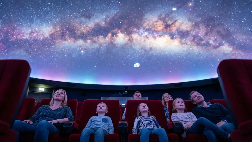 Planetarium Hamburg – Gruppe blickt in den Kuppelhimmel mit Sternenprojektion