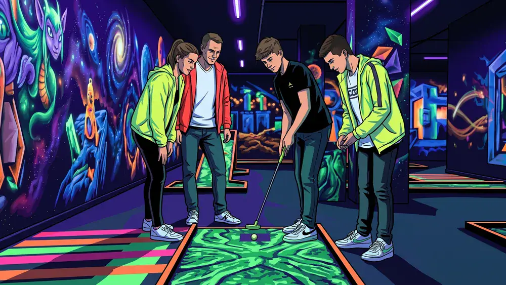Schwarzlichtviertel Hamburg – Familie spielt UV-Minigolf vor leuchtenden 3D-Fantasy-Wandbildern