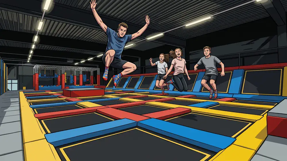 SPRUNG.RAUM Hamburg – Familie springt gleichzeitig auf einem großen Trampolinfeld