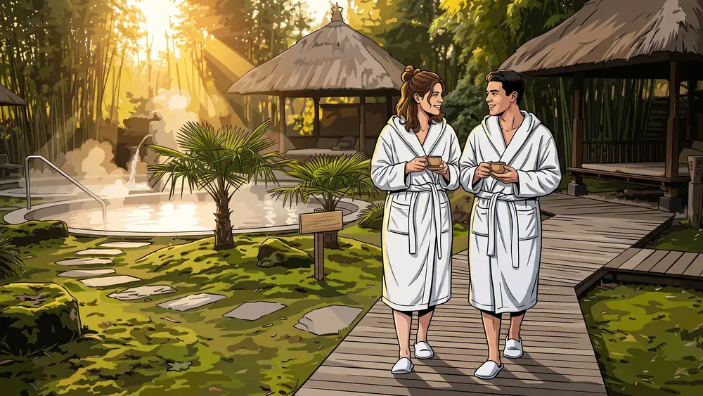 Vabali Spa Hamburg – Zwei Personen im Bademantel auf einem Holzweg durch die Wellness-Oase