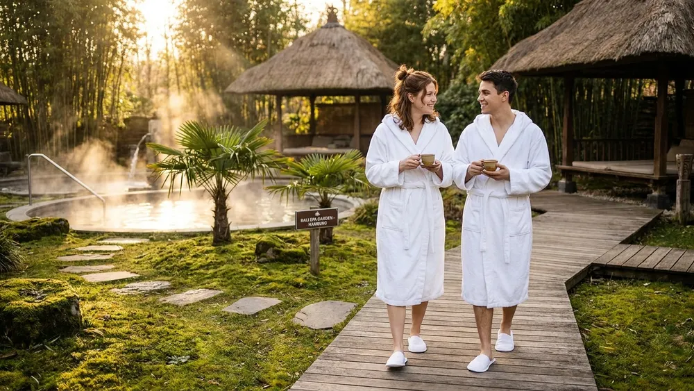 Vabali Spa Hamburg – Zwei Personen im Bademantel auf einem Holzweg durch die Wellness-Oase