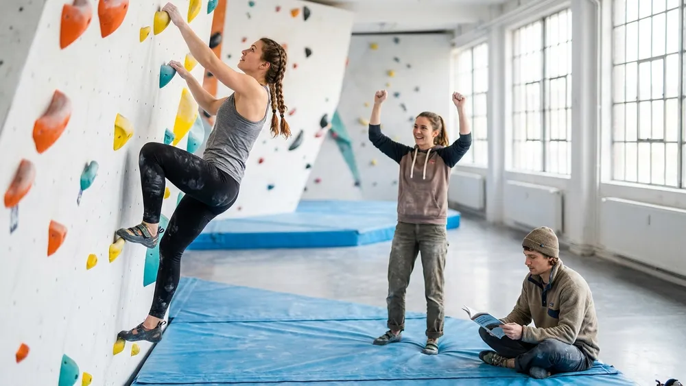 Bouldern in Hamburg – Team klettert und sichert sich gegenseitig an einer farbigen Indoor-Boulderwand in St. Georg