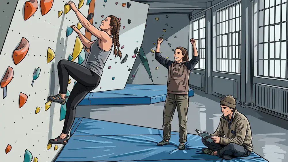 Bouldern in Hamburg – Team klettert und sichert sich gegenseitig an einer farbigen Indoor-Boulderwand