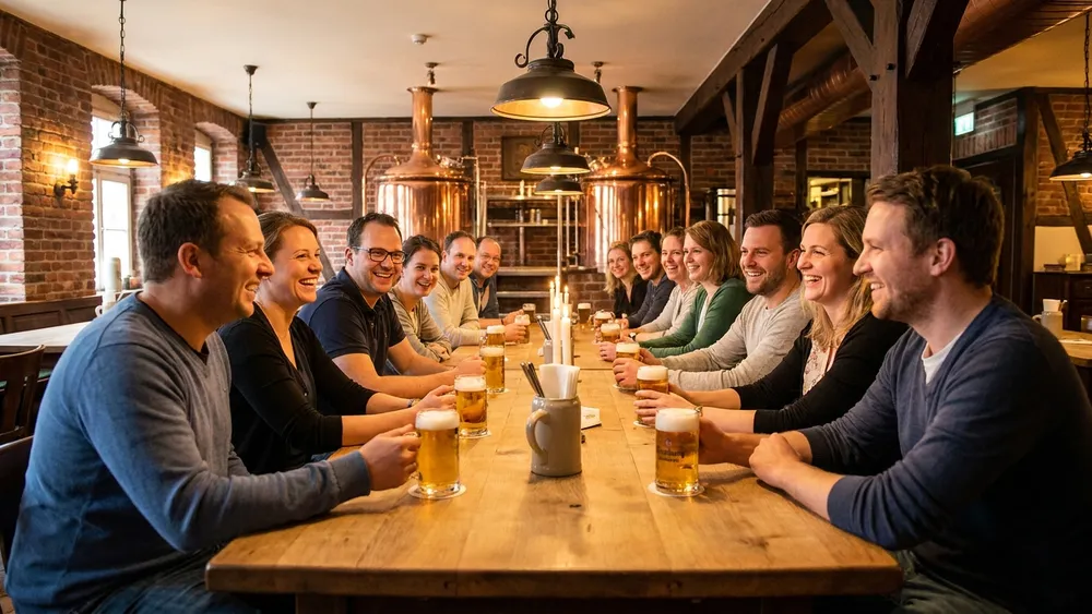 Brauhaus in Hamburg – Team trinkt hauseigenes Bier an langen Tischen vor den Sudkesseln auf der Adolphsbrücke
