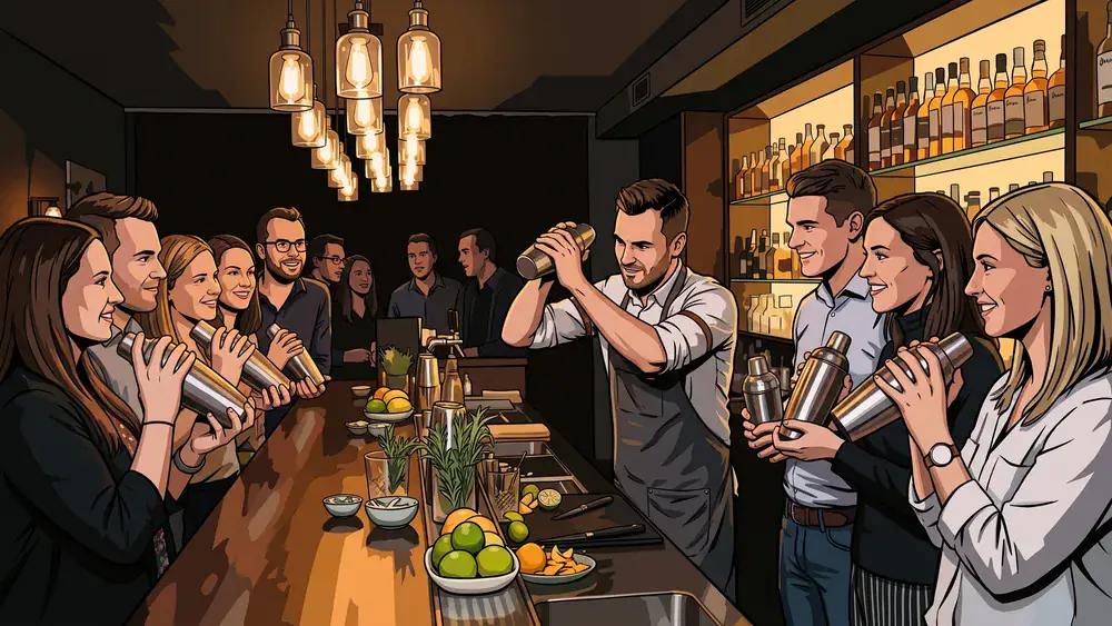 Cocktailkurs in Hamburg – Team mixt Cocktails an einer beleuchteten Bar bei The Rabbithole
