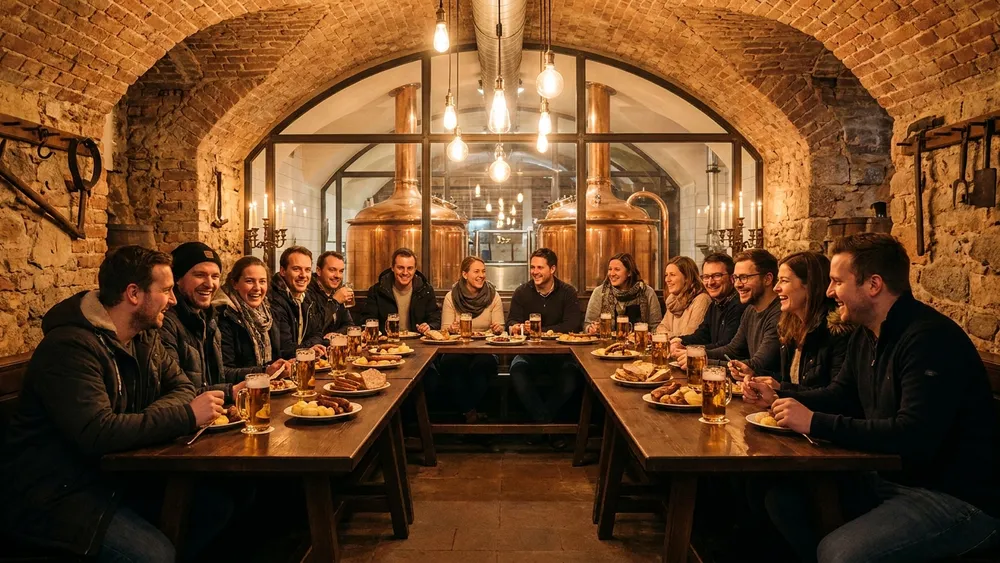 Brauerei Gröninger in Hamburg – Team sitzt im historischen Brauereikeller bei Bierprobe und Buffet