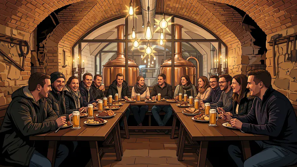 Brauerei Gröninger in Hamburg – Team sitzt im historischen Brauereikeller bei Bierprobe und Buffet