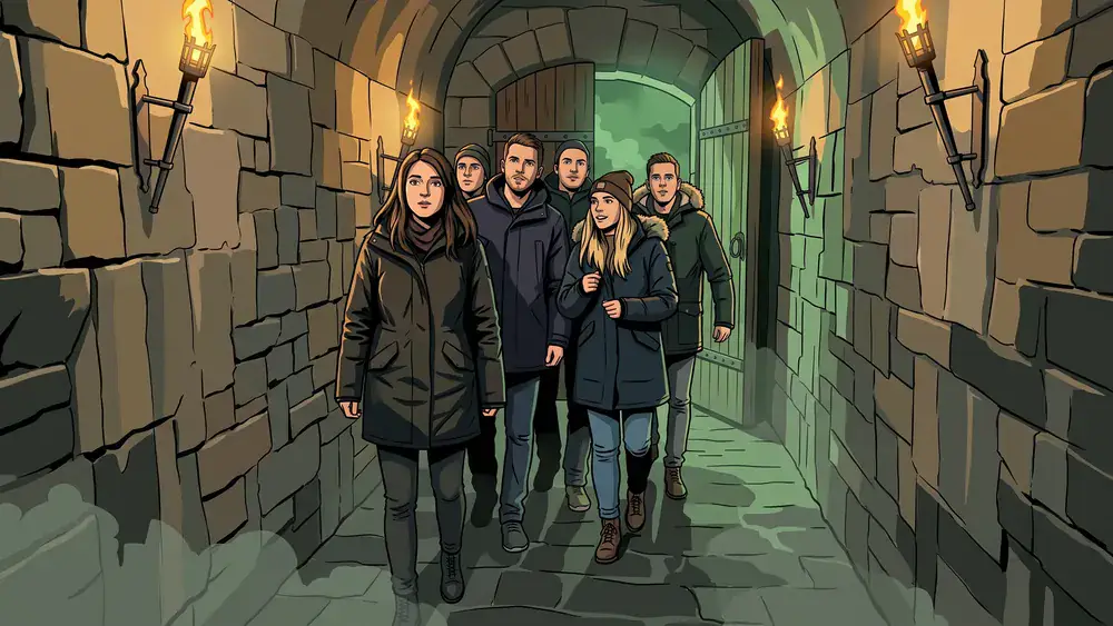 Hamburg Dungeon – Gruppe in einem dunklen mittelalterlichen Tunnel mit Fackellicht