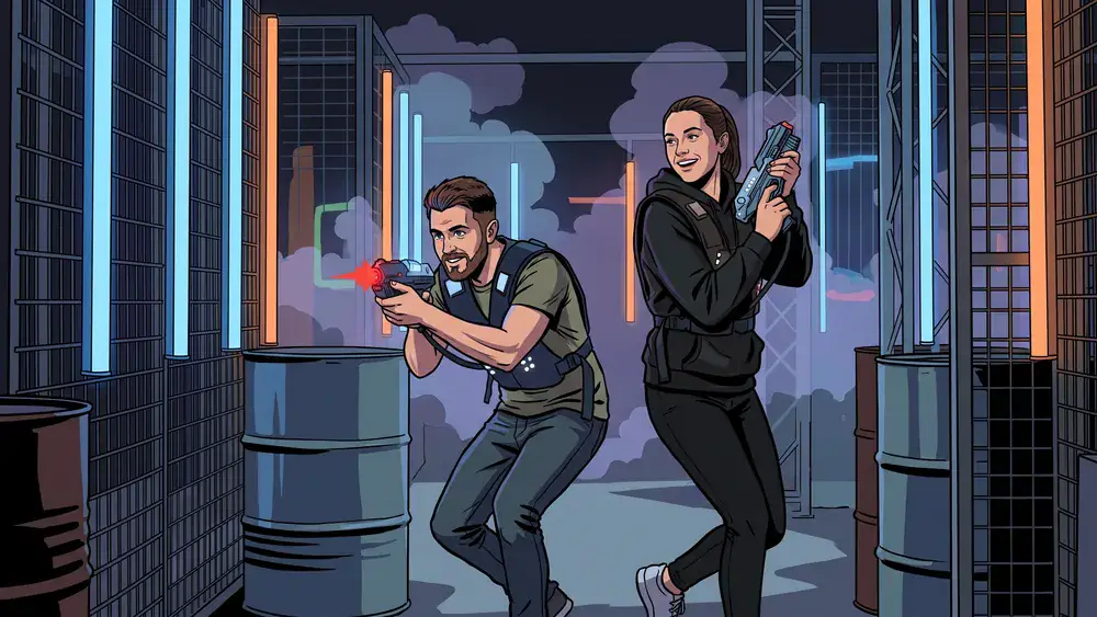 Lasertag in Hamburg – Team in tactical vests spielt in einer dunklen Neon-Arena
