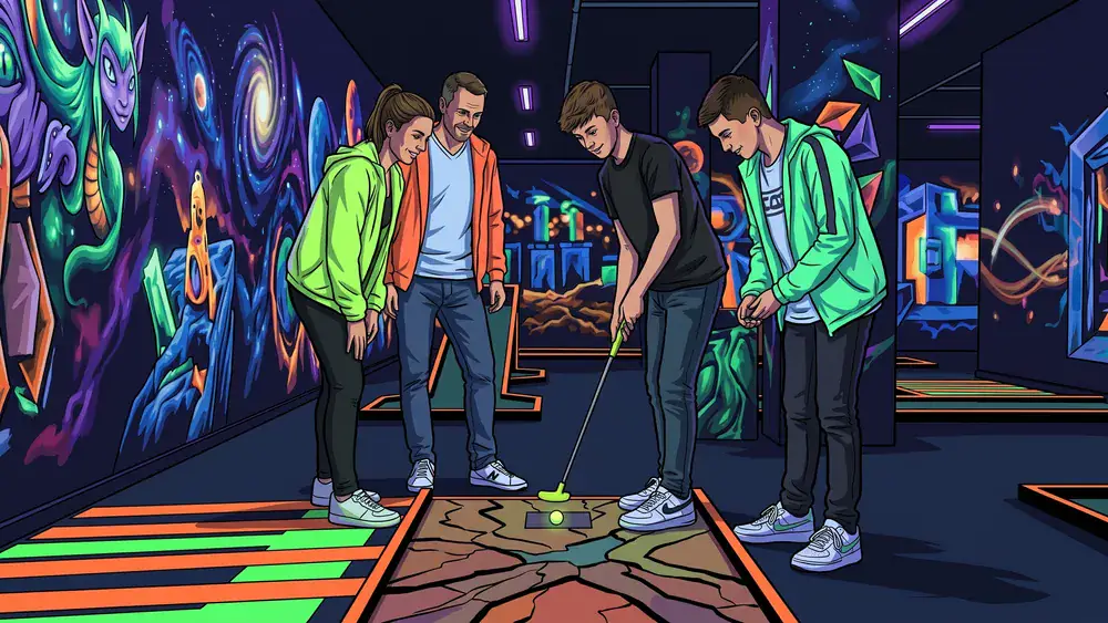 Schwarzlicht-Minigolf in Hamburg – Team spielt mit 3D-Brillen unter Neonlicht