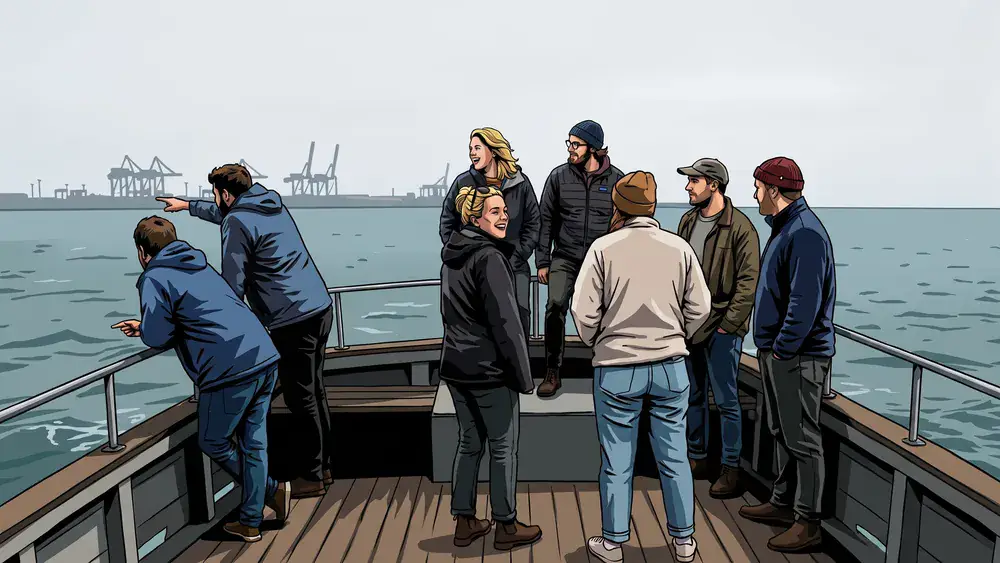 Barkassenfahrt in Hamburg – JGA-Gruppe steht an der Reling des eigenen Schiffs im Hafen