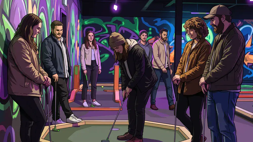 Schwarzlicht-Minigolf in Hamburg – JGA-Gruppe spielt durch die leuchtenden Neonbahnen