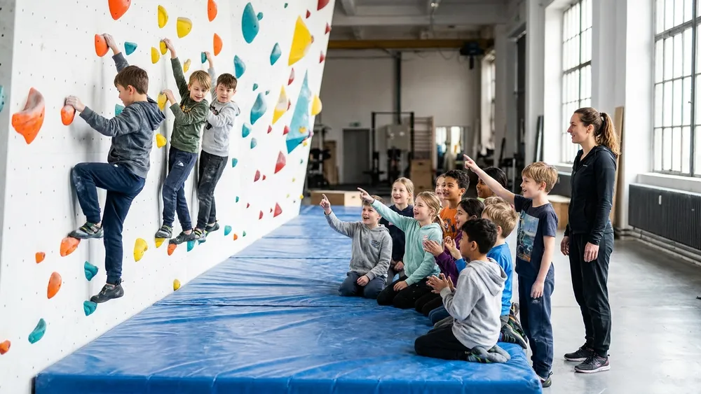 Boulderwelt Hamburg – Schulklasse klettert und sichert an einer farbigen Indoor-Boulderwand