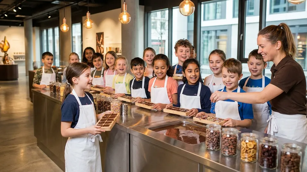 Chocoversum Hamburg – Schulklasse gestaltet eigene Schokoladentafeln am Tempier-Tisch
